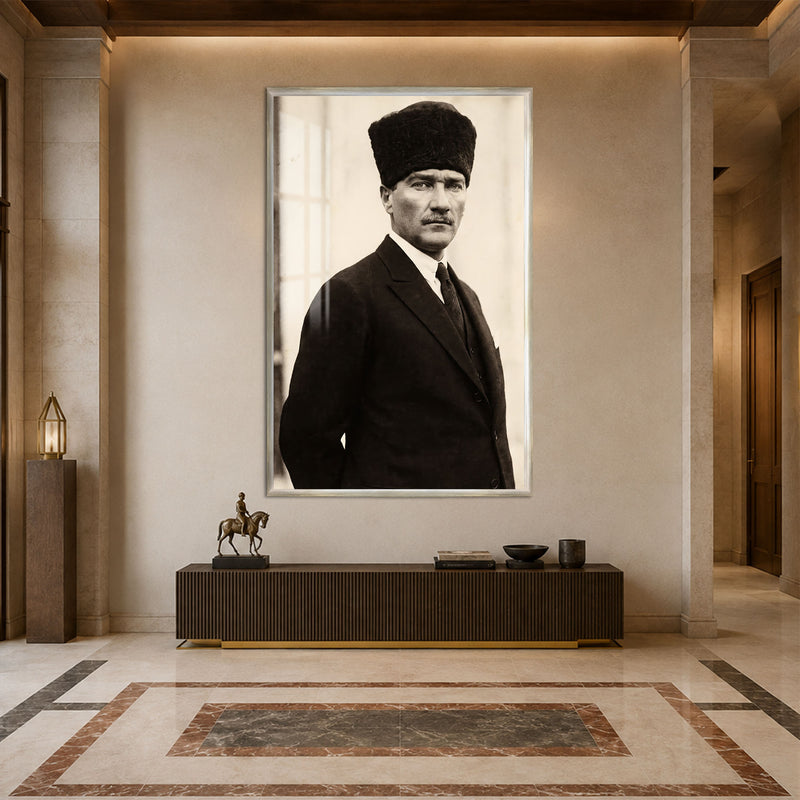 Kalpaklı Sepya Atatürk Cam Tablo – Gümüş Çerçeveli