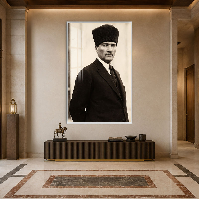 Kalpaklı Sepya Atatürk Cam Tablo – Beyaz Çerçeveli