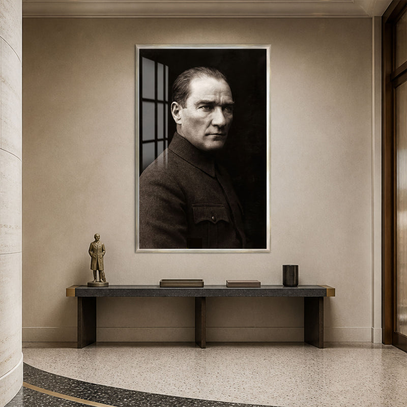 Yandan Bakan Atatürk Cam Tablo – Gümüş Çerçeveli