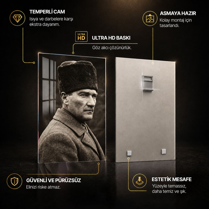 Palto ve Kalpakla Atatürk Cam Tablo