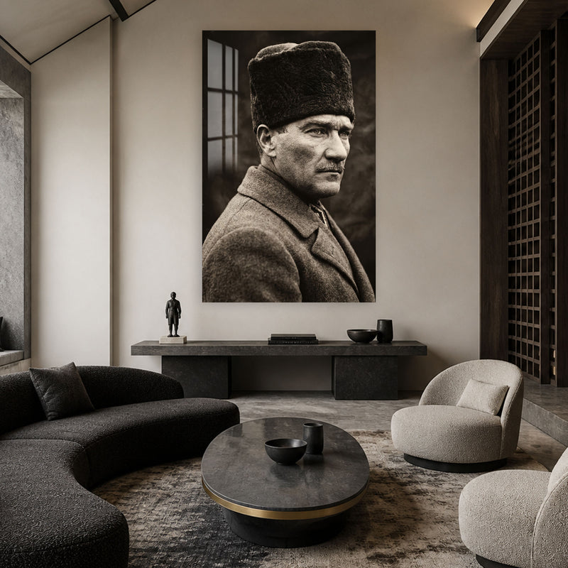 Palto ve Kalpakla Atatürk Cam Tablo