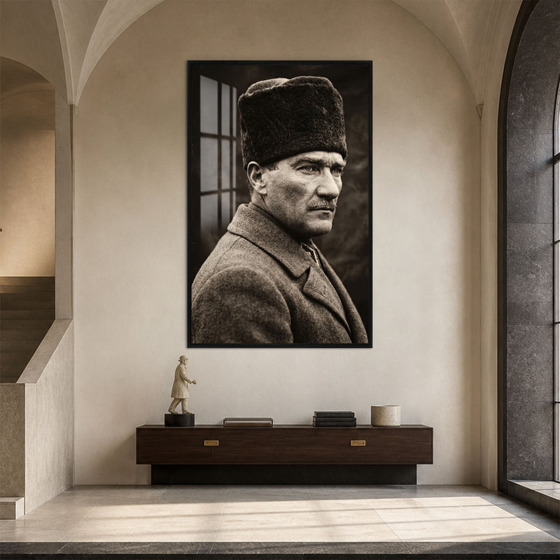 Palto ve Kalpakla Atatürk Cam Tablo – Siyah Çerçeveli