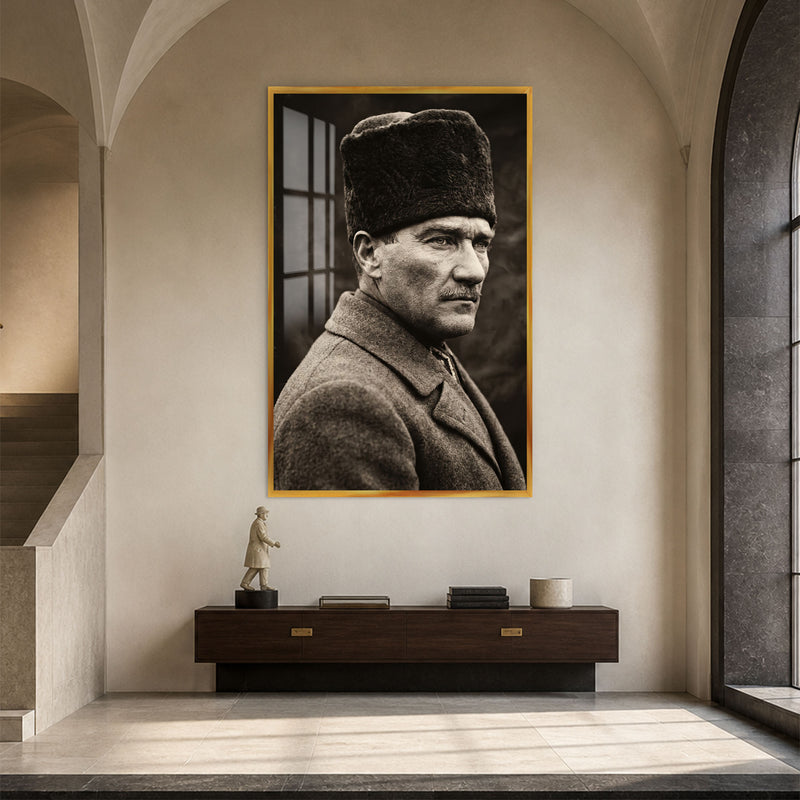Palto ve Kalpakla Atatürk Cam Tablo – Altın Çerçeveli