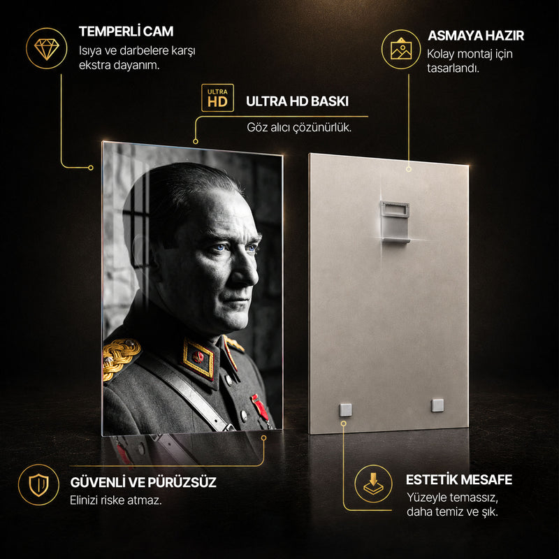 Apoletli Atatürk Cam Tablo
