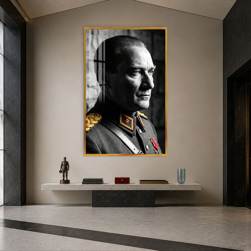 Apoletli Atatürk Cam Tablo – Altın Çerçeveli
