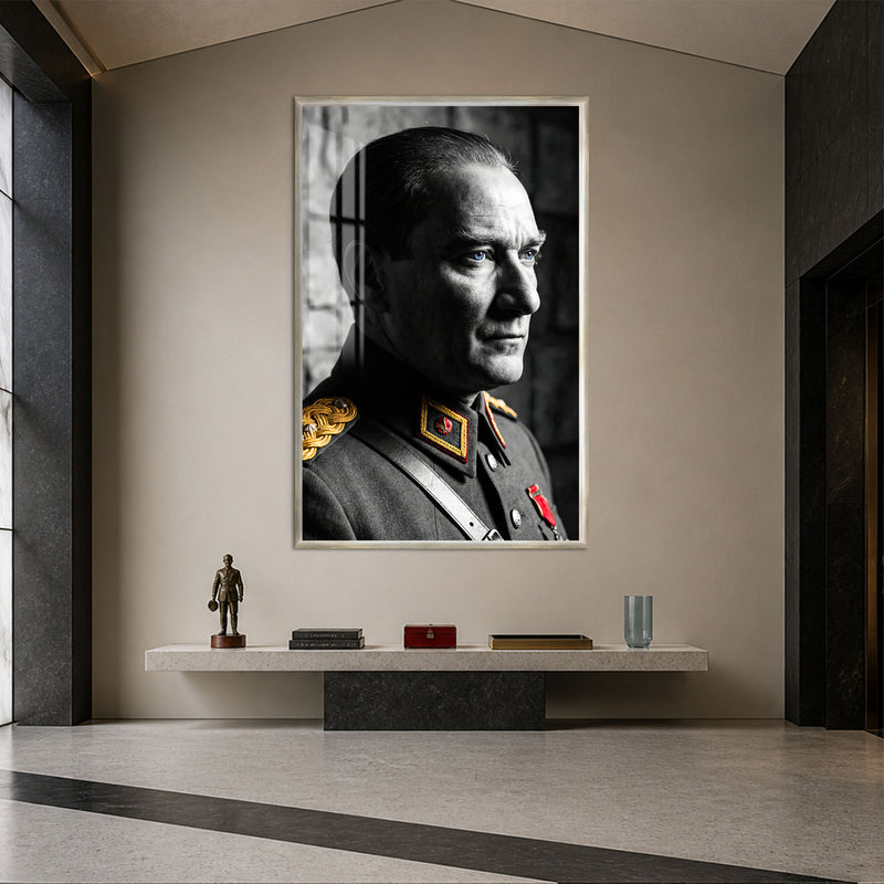 Apoletli Atatürk Cam Tablo – Gümüş Çerçeveli