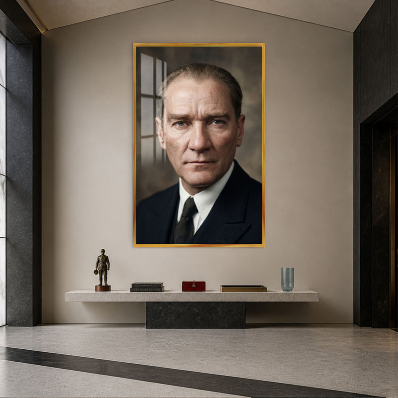 Mavi Gözlü Atatürk Cam Tablo – Altın Çerçeveli