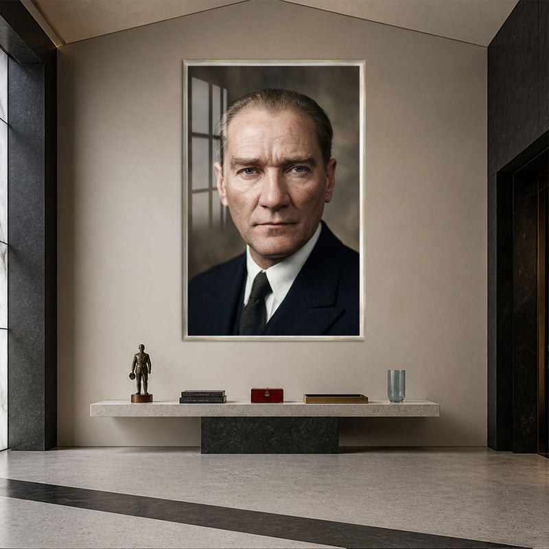 Mavi Gözlü Atatürk Cam Tablo – Gümüş Çerçeveli
