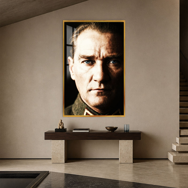 Işık Gölge Atatürk Cam Tablo – Altın Çerçeveli