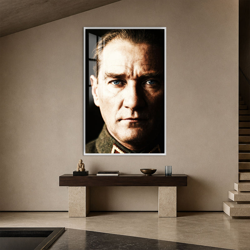 Işık Gölge Atatürk Cam Tablo – Beyaz Çerçeveli