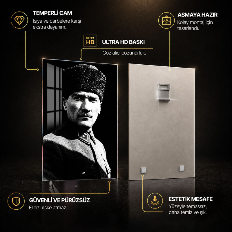 Kontrastlı Kalpaklı Atatürk Cam Tablo