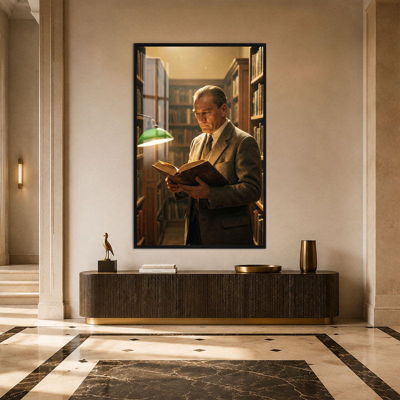 Kütüphanede Atatürk Cam Tablo – Siyah Çerçeveli