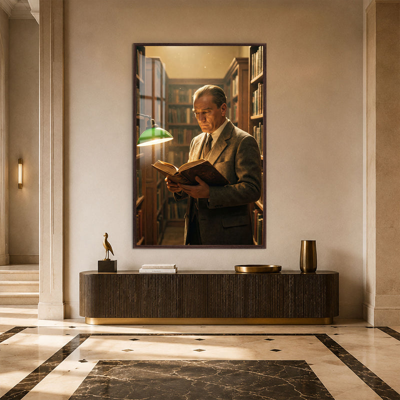 Kütüphanede Atatürk Cam Tablo – Ceviz Çerçeveli