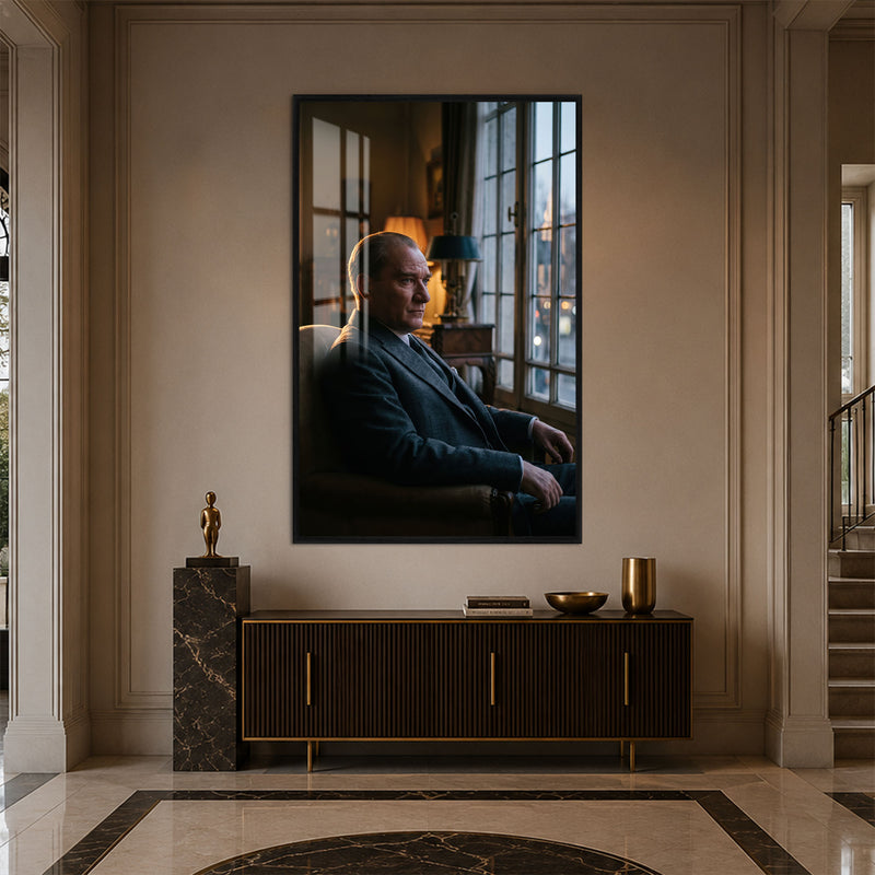 Pencere Önünde Atatürk Cam Tablo – Siyah Çerçeveli