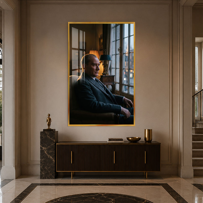 Pencere Önünde Atatürk Cam Tablo – Altın Çerçeveli