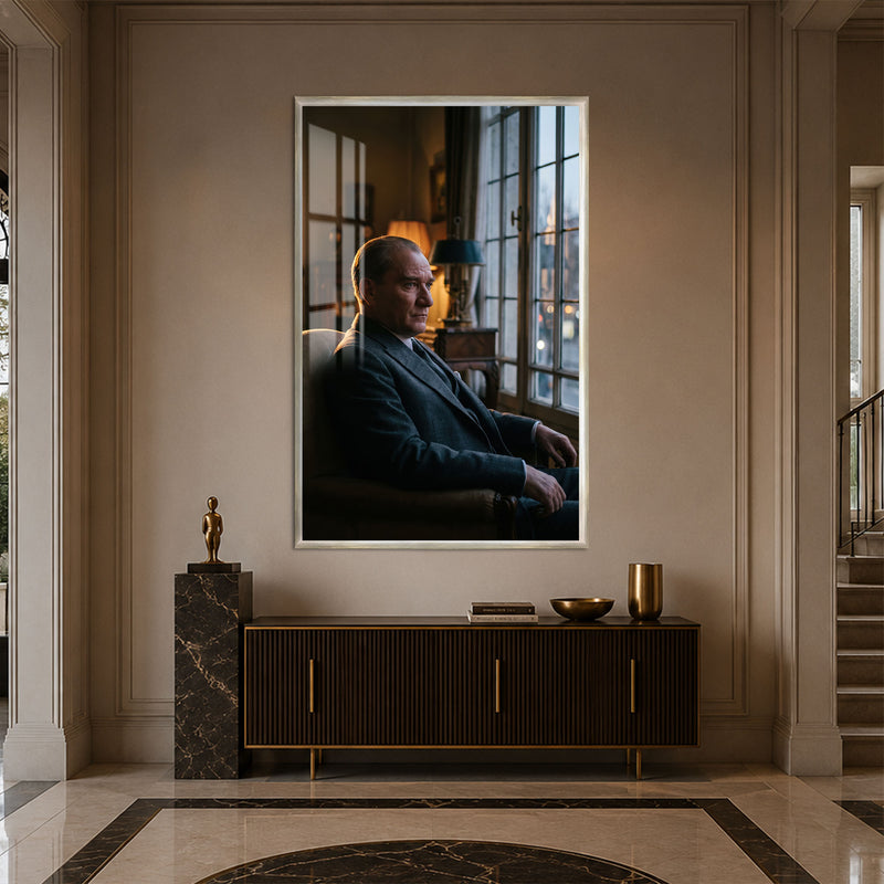 Pencere Önünde Atatürk Cam Tablo – Gümüş Çerçeveli