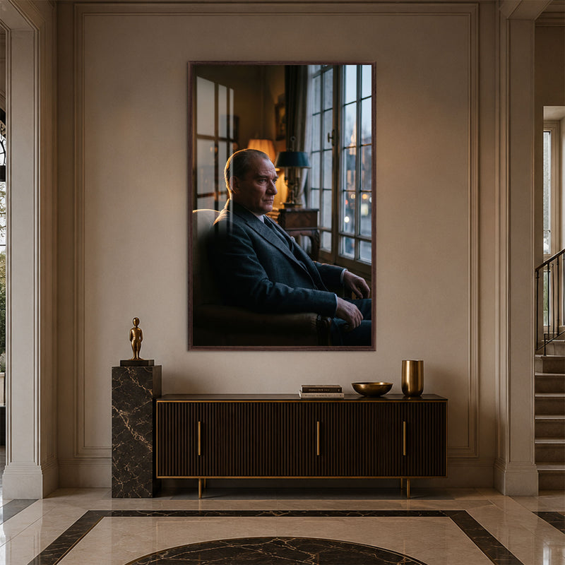 Pencere Önünde Atatürk Cam Tablo – Ceviz Çerçeveli