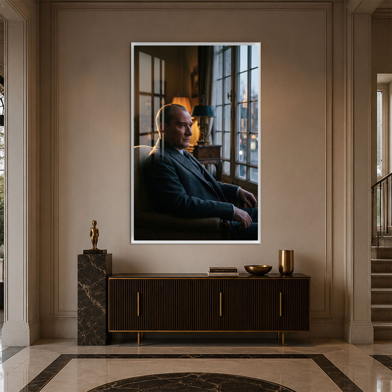 Pencere Önünde Atatürk Cam Tablo – Beyaz Çerçeveli