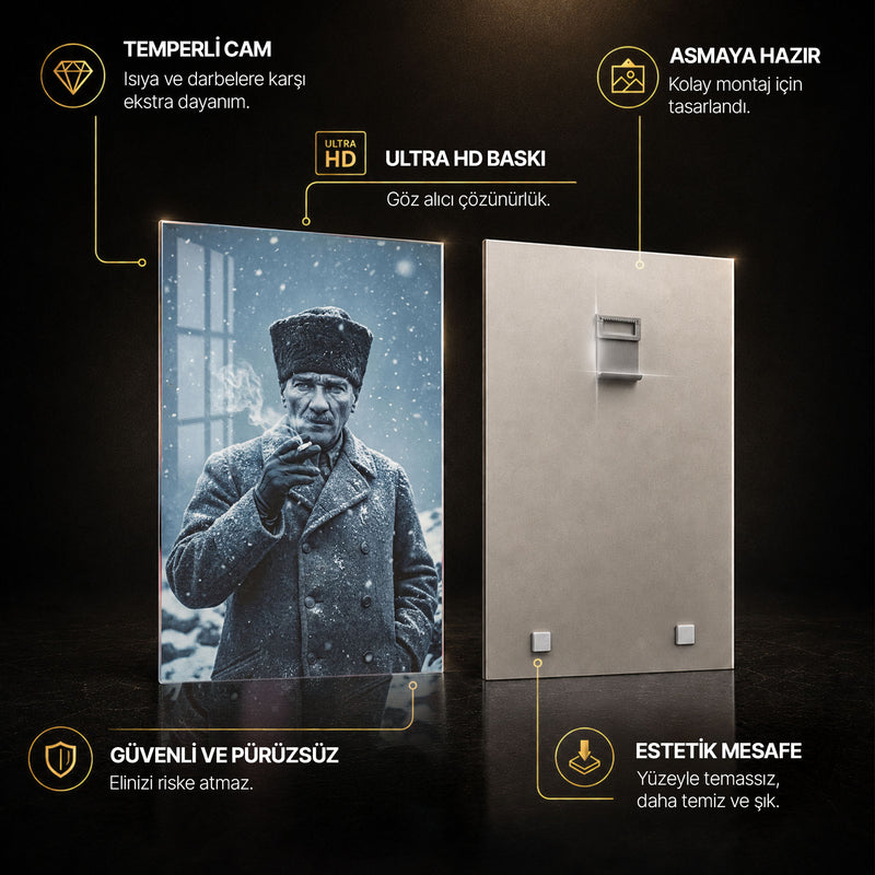 Karda Kalpaklı Atatürk Cam Tablo