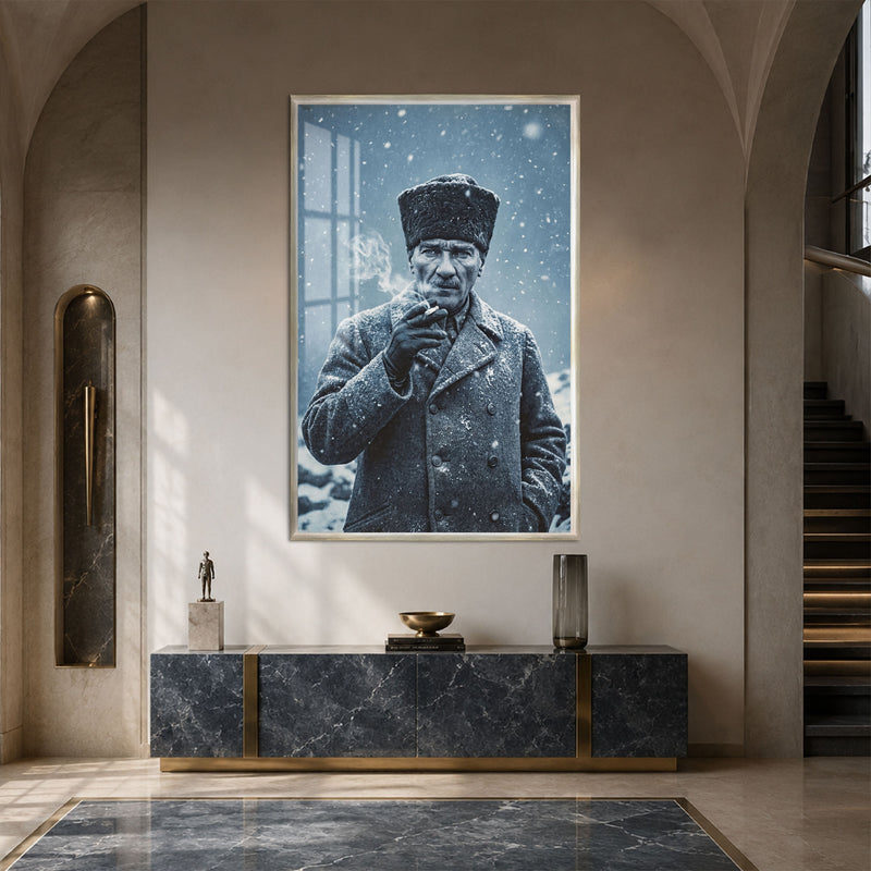 Karda Kalpaklı Atatürk Cam Tablo – Gümüş Çerçeveli