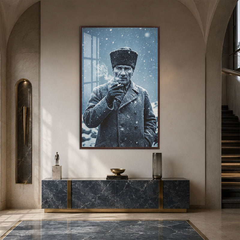 Karda Kalpaklı Atatürk Cam Tablo – Ceviz Çerçeveli