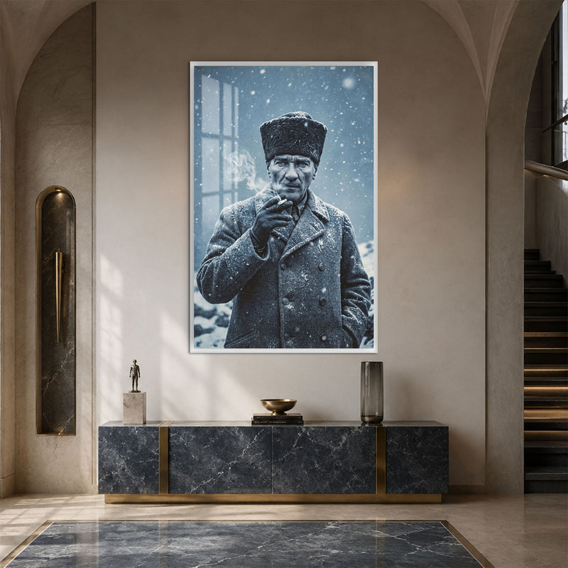 Karda Kalpaklı Atatürk Cam Tablo – Beyaz Çerçeveli