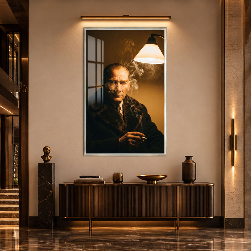 Lamba Işığında Atatürk Cam Tablo – Gümüş Çerçeveli