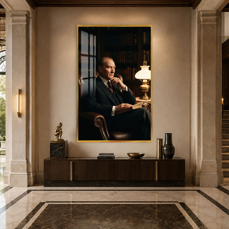 Okuma Odasında Atatürk Cam Tablo – Altın Çerçeveli