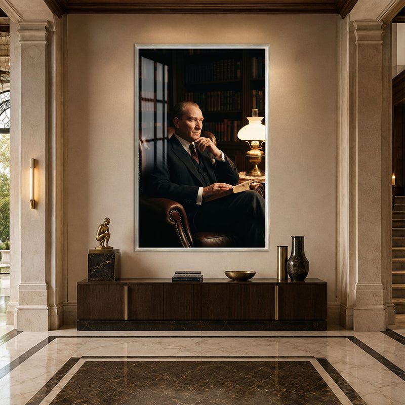Okuma Odasında Atatürk Cam Tablo – Gümüş Çerçeveli