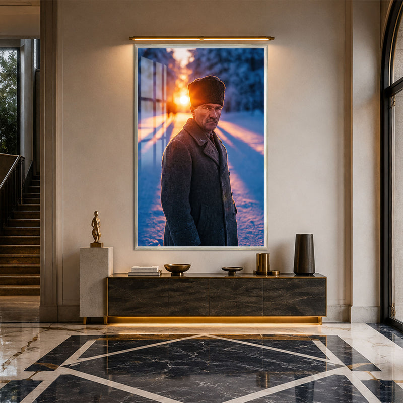 Karlı Ormanda Atatürk Cam Tablo – Gümüş Çerçeveli