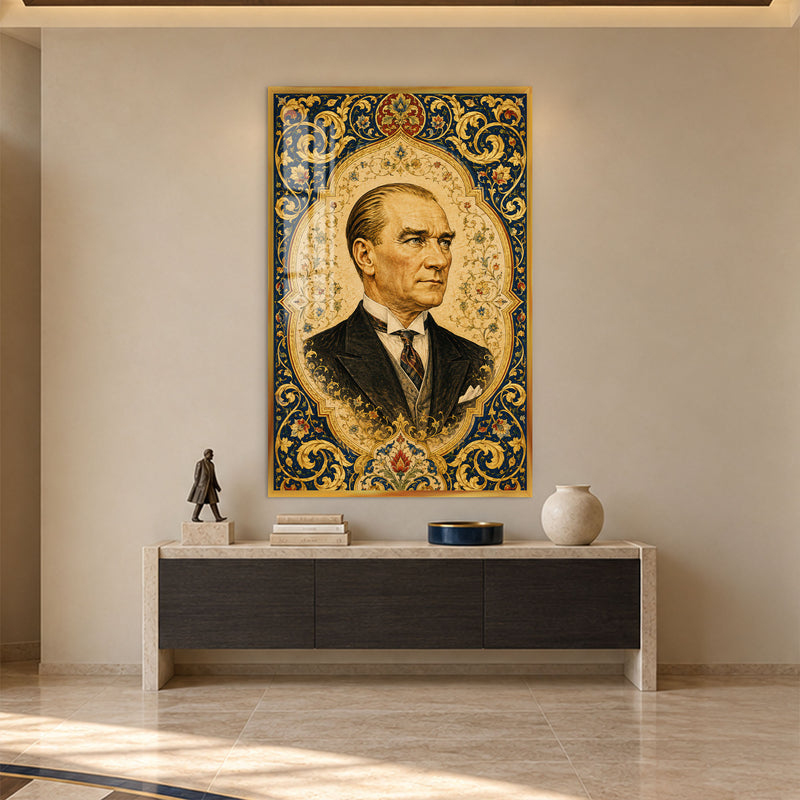 Tezhipli Atatürk Cam Tablo – Altın Çerçeveli