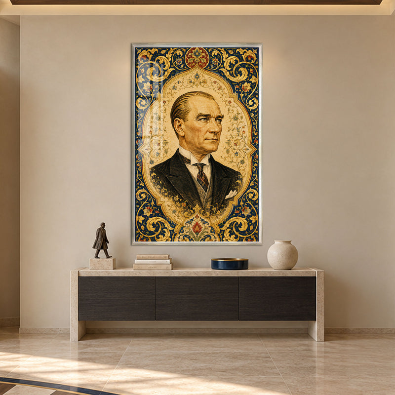 Tezhipli Atatürk Cam Tablo – Gümüş Çerçeveli