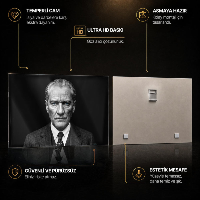 Atatürk Siyah Beyaz Mavi Göz Cam Tablo – Cam Tablo