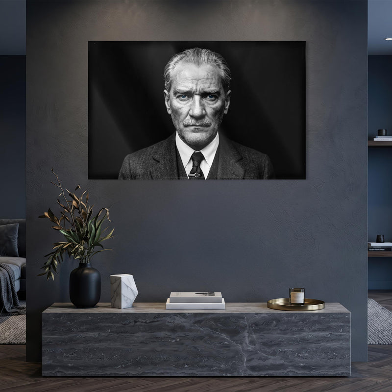 Atatürk Siyah Beyaz Mavi Göz Cam Tablo – Cam Tablo