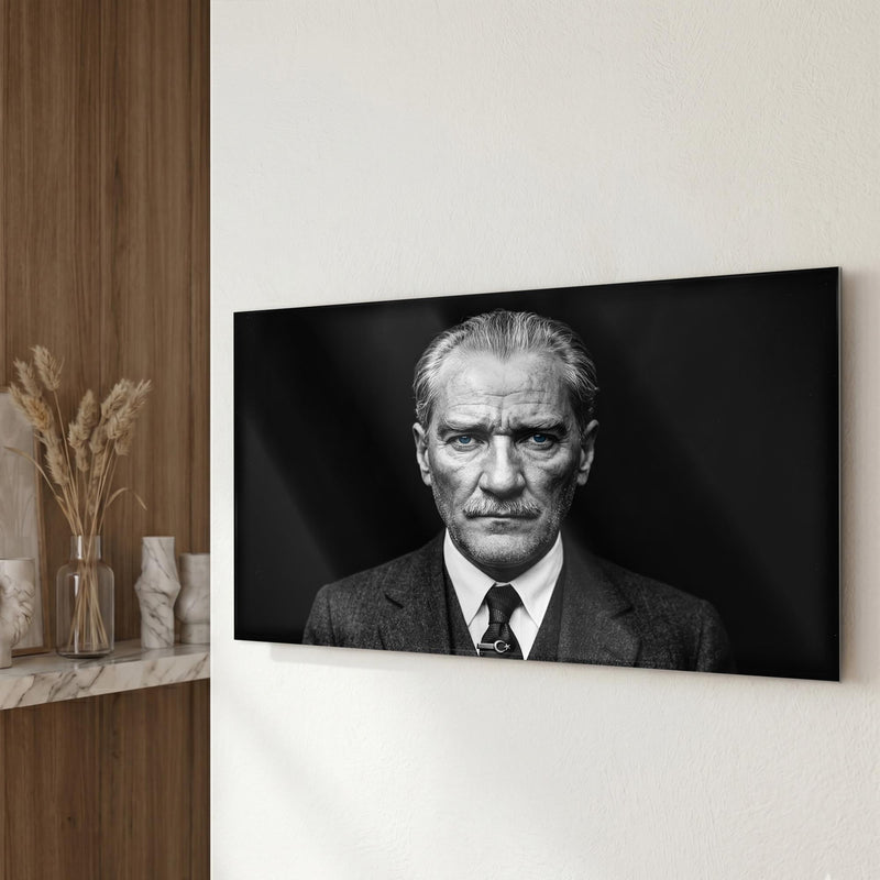Atatürk Siyah Beyaz Mavi Göz Cam Tablo – Cam Tablo