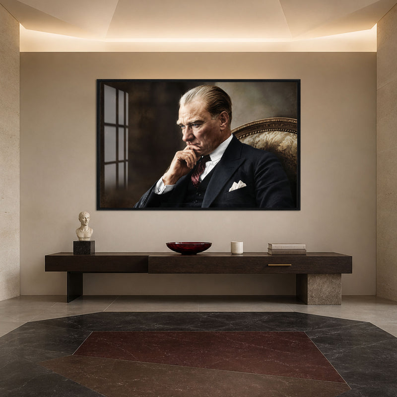 Eli Çenesinde Atatürk Cam Tablo – Siyah Çerçeveli