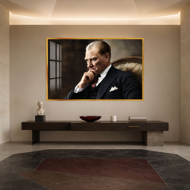 Eli Çenesinde Atatürk Cam Tablo – Altın Çerçeveli