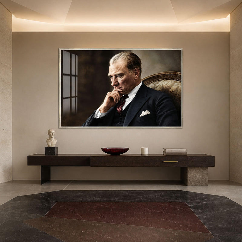 Eli Çenesinde Atatürk Cam Tablo – Gümüş Çerçeveli