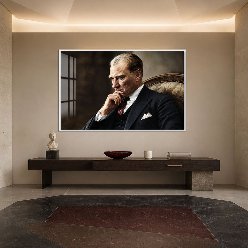 Eli Çenesinde Atatürk Cam Tablo – Beyaz Çerçeveli