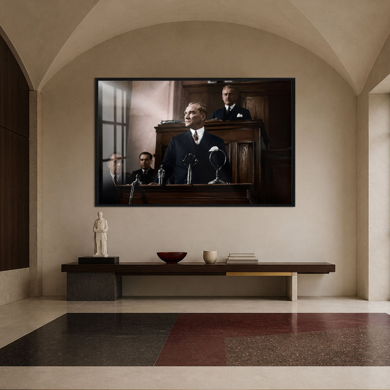 Kürsüde Atatürk Cam Tablo – Siyah Çerçeveli