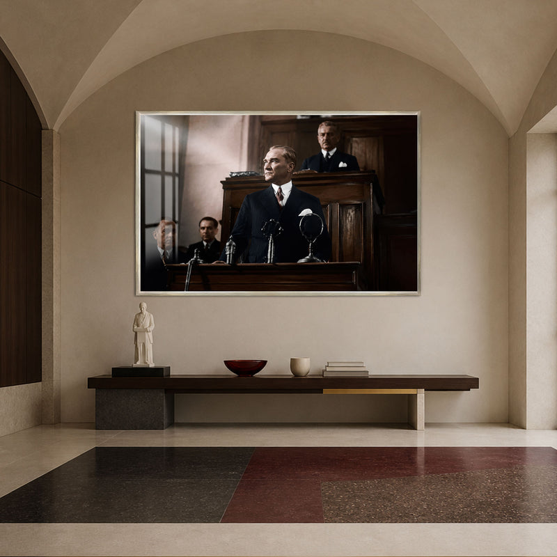 Kürsüde Atatürk Cam Tablo – Gümüş Çerçeveli