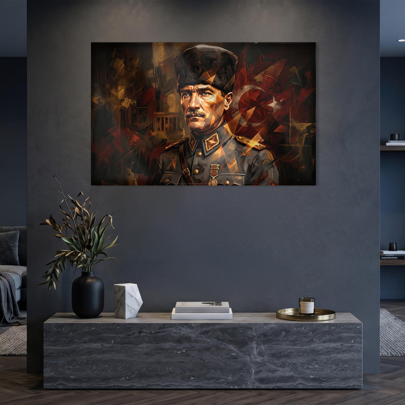 Atatürk Kalpak Kızıl Bayrak Portre Cam Tablo – Cam Tablo