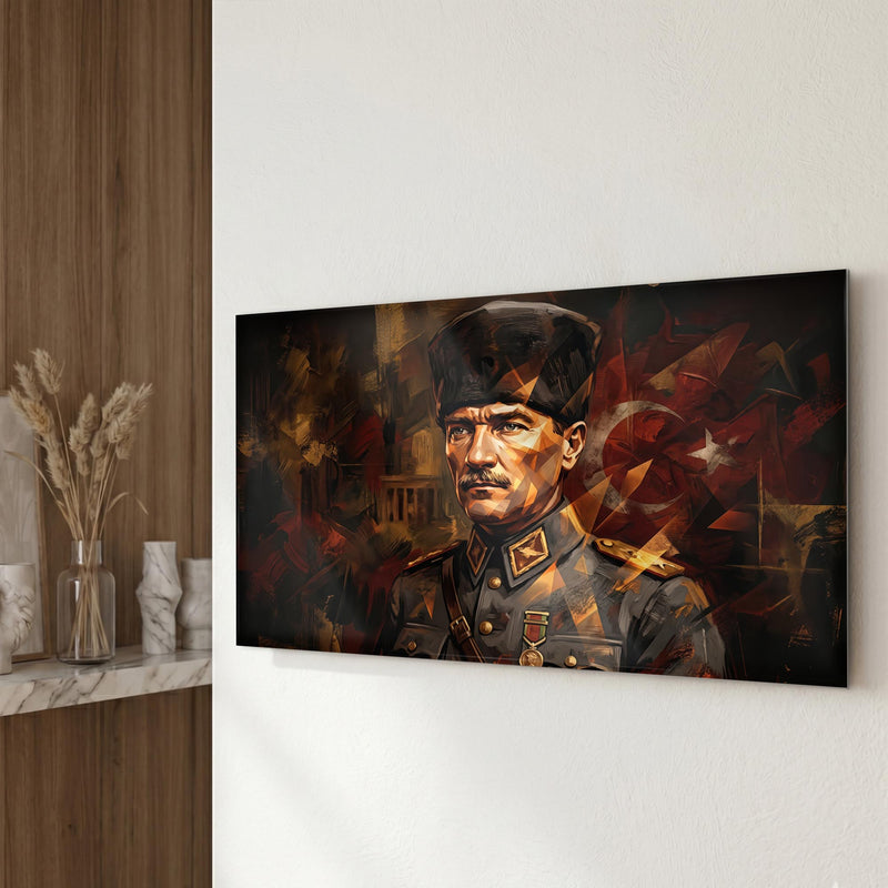 Atatürk Kalpak Kızıl Bayrak Portre Cam Tablo – Cam Tablo