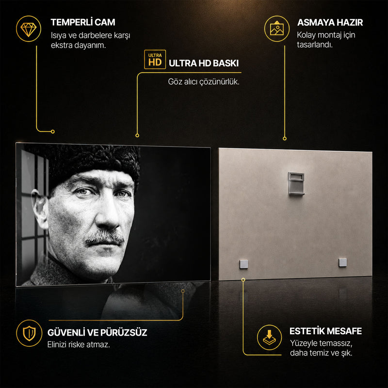 Kalpaklı Bakış Atatürk Cam Tablo