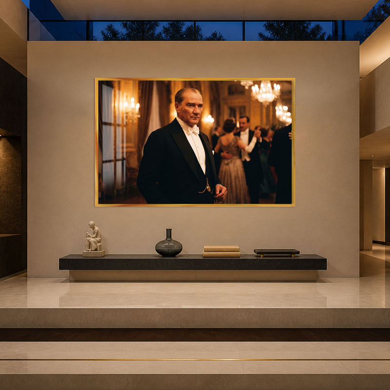 Balo Salonunda Atatürk Cam Tablo – Altın Çerçeveli