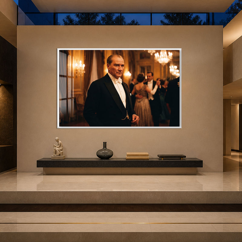 Balo Salonunda Atatürk Cam Tablo – Beyaz Çerçeveli