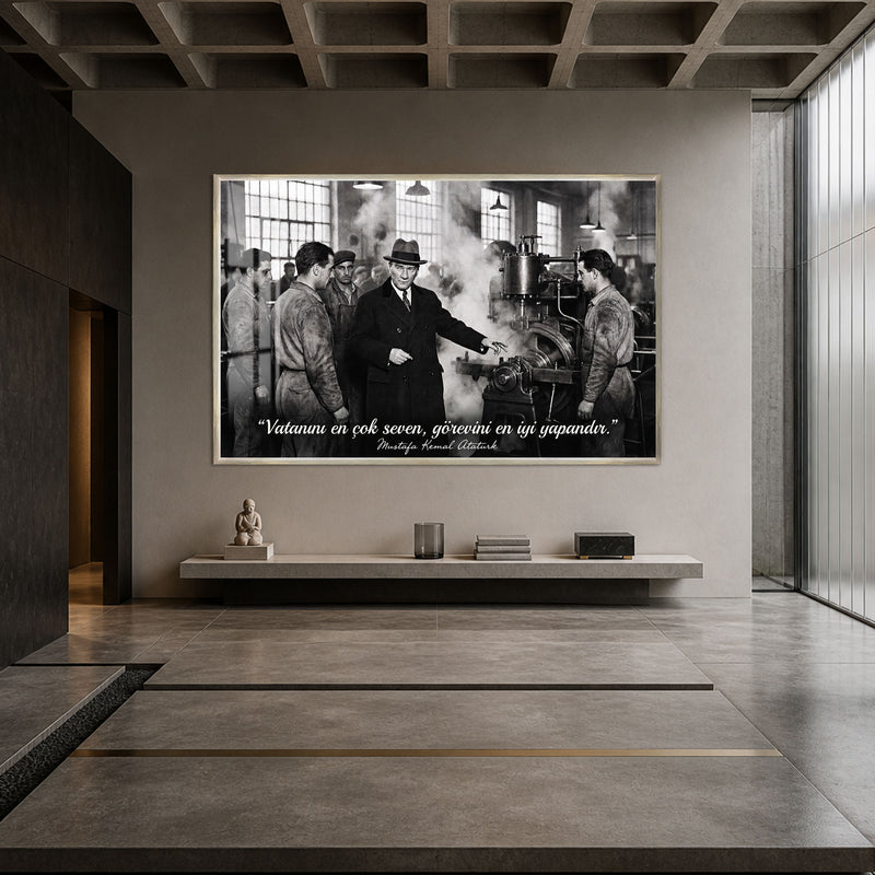 Fabrikada Atatürk Cam Tablo – Gümüş Çerçeveli