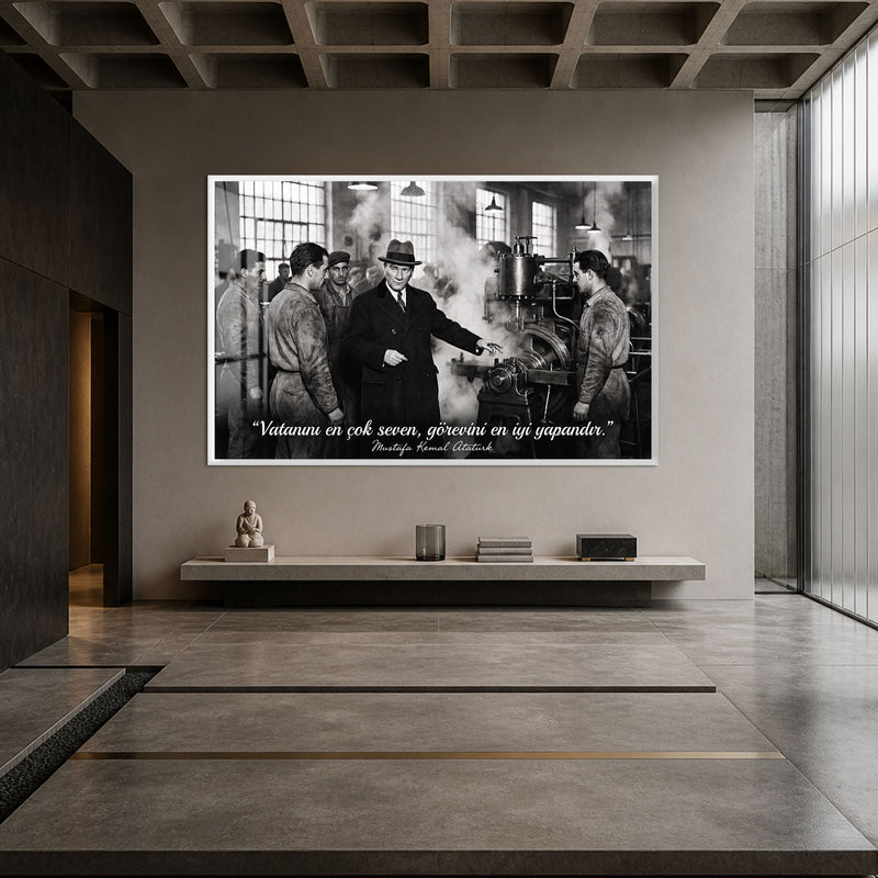 Fabrikada Atatürk Cam Tablo – Beyaz Çerçeveli