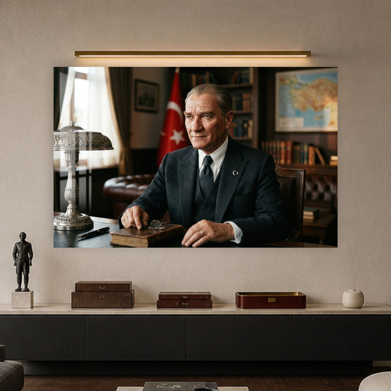 Masa Başında Bayraklı Atatürk Cam Tablo