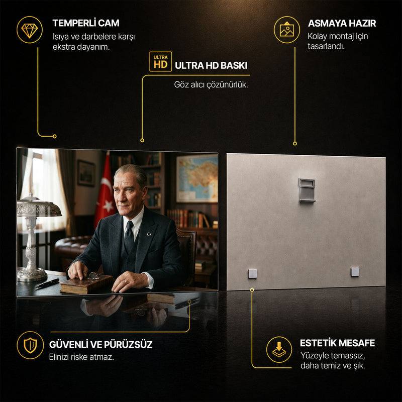 Masa Başında Bayraklı Atatürk Cam Tablo